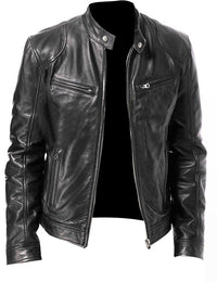 Mens Slim Fit PU Leather Biker Jacket with Zipper Pocket