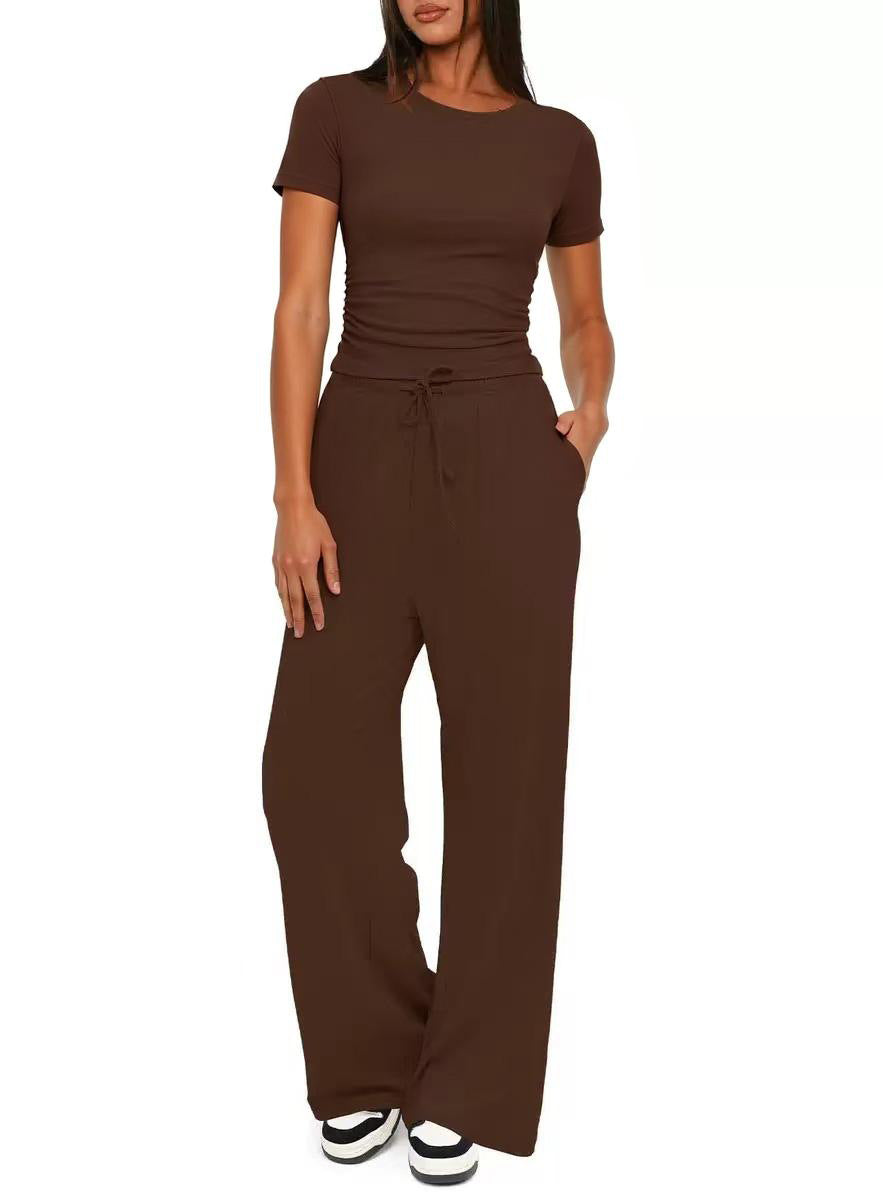 Solid Color Ruffled Top and High-Waisted Wide-Leg Pants Sportswear Set