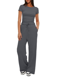 Solid Color Ruffled Top and High-Waisted Wide-Leg Pants Sportswear Set