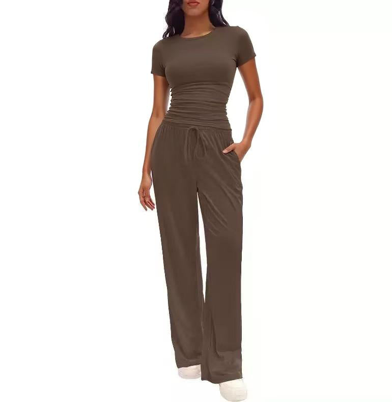 Solid Color Ruffled Top and High-Waisted Wide-Leg Pants Sportswear Set