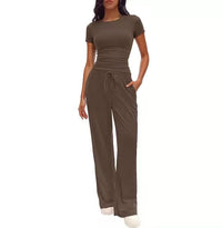 Solid Color Ruffled Top and High-Waisted Wide-Leg Pants Sportswear Set