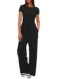 Solid Color Ruffled Top and High-Waisted Wide-Leg Pants Sportswear Set