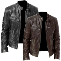 Mens Slim Fit PU Leather Biker Jacket with Zipper Pocket
