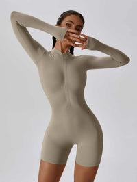 Jumpsuit Long-Sleeved Shorts with Open Collar and Zip-Up Sportswear Leggings