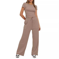 Solid Color Ruffled Top and High-Waisted Wide-Leg Pants Sportswear Set