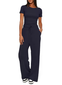 Solid Color Ruffled Top and High-Waisted Wide-Leg Pants Sportswear Set