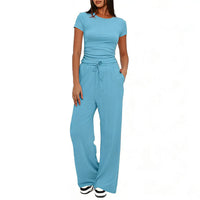 Solid Color Ruffled Top and High-Waisted Wide-Leg Pants Sportswear Set
