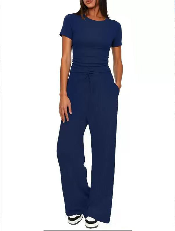 Solid Color Ruffled Top and High-Waisted Wide-Leg Pants Sportswear Set