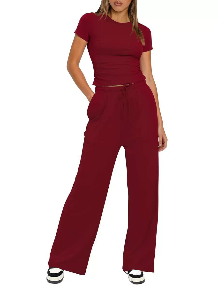 Solid Color Ruffled Top and High-Waisted Wide-Leg Pants Sportswear Set