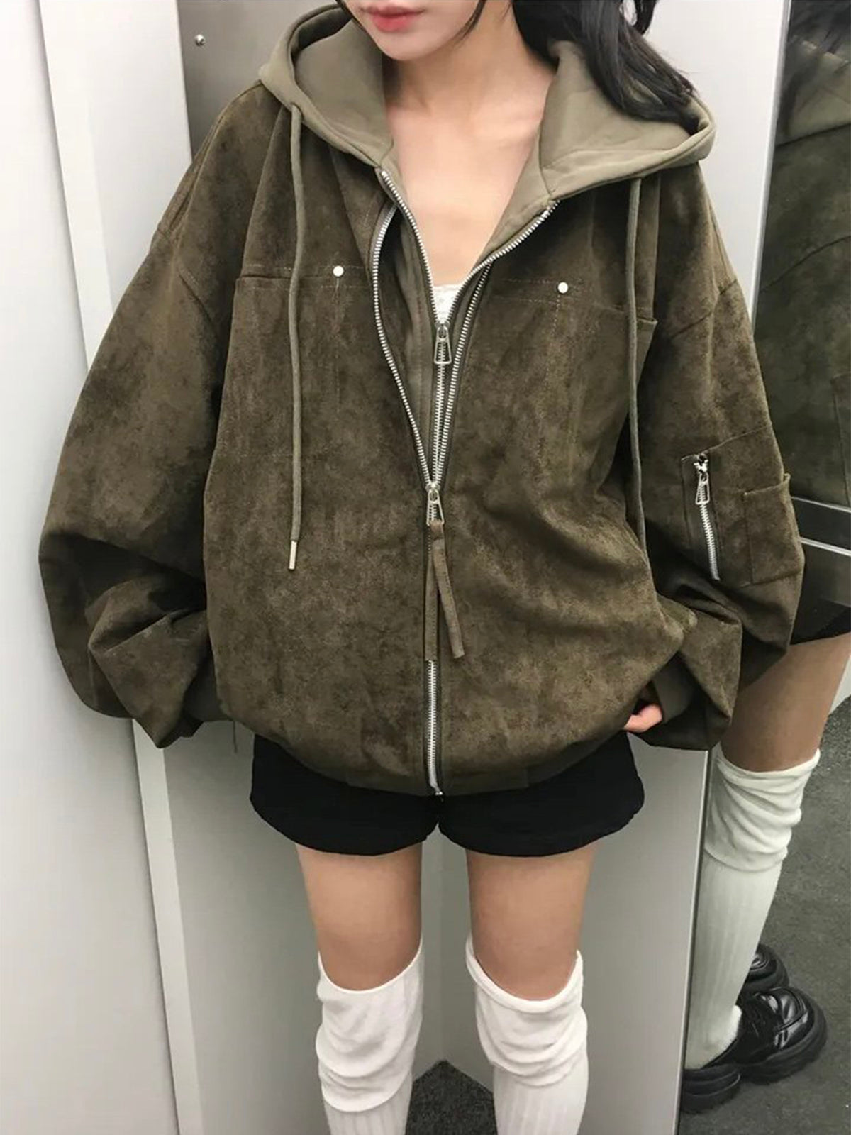 Women's Faux Two-Piece Hooded Biker Jacket