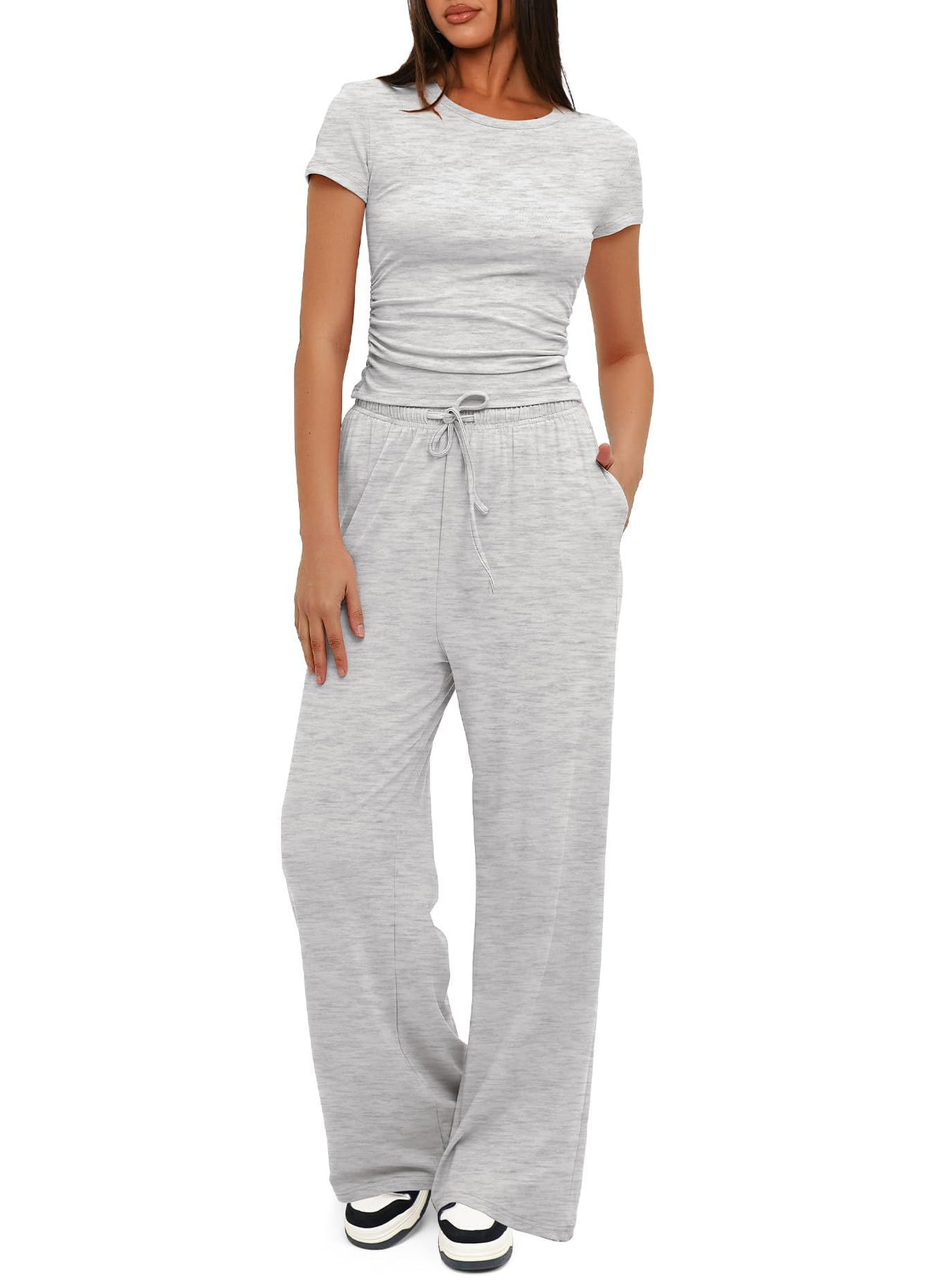 Solid Color Ruffled Top and High-Waisted Wide-Leg Pants Sportswear Set