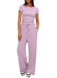 Solid Color Ruffled Top and High-Waisted Wide-Leg Pants Sportswear Set