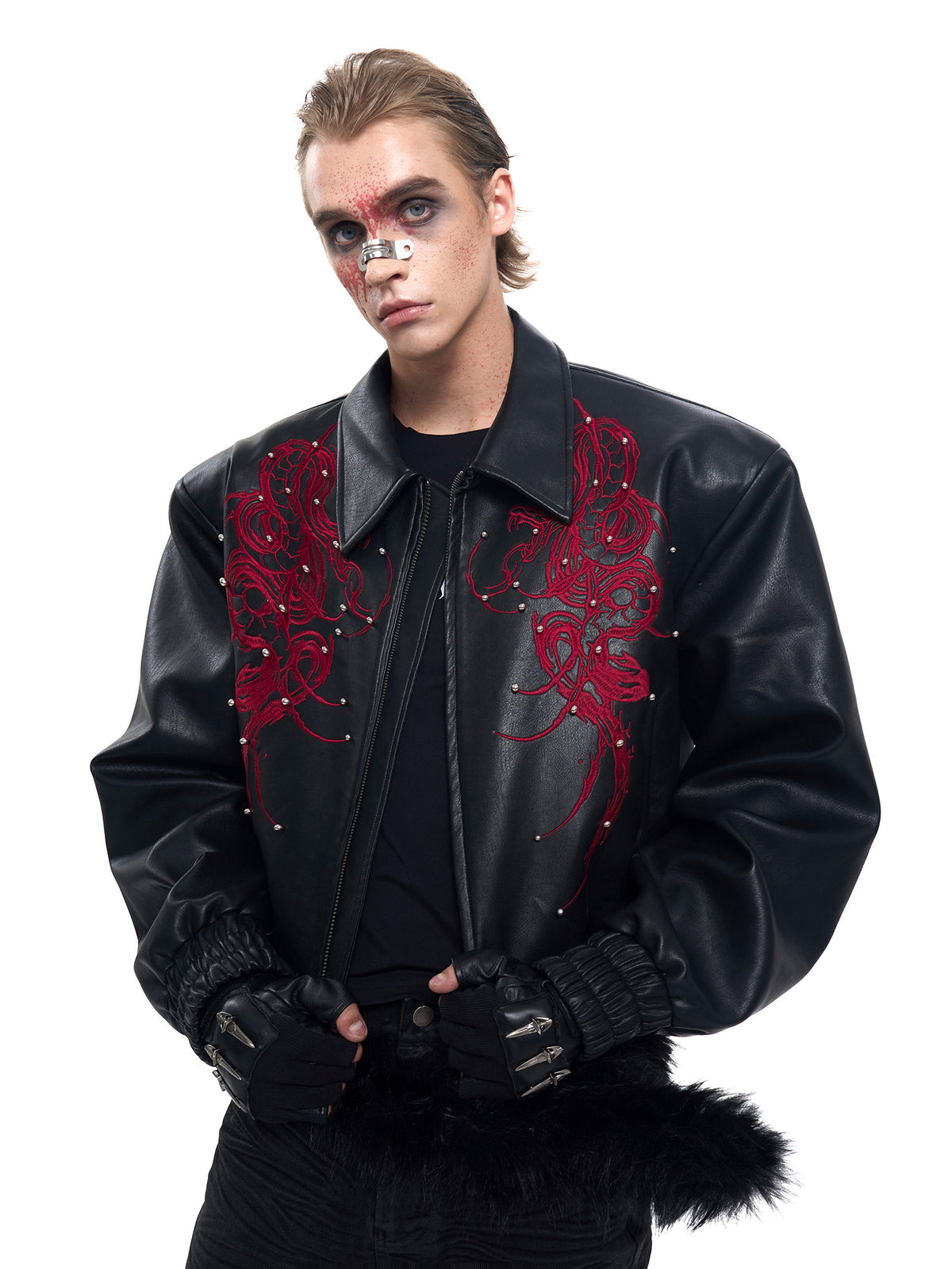 Men's Embroidered Leather Biker Jacket