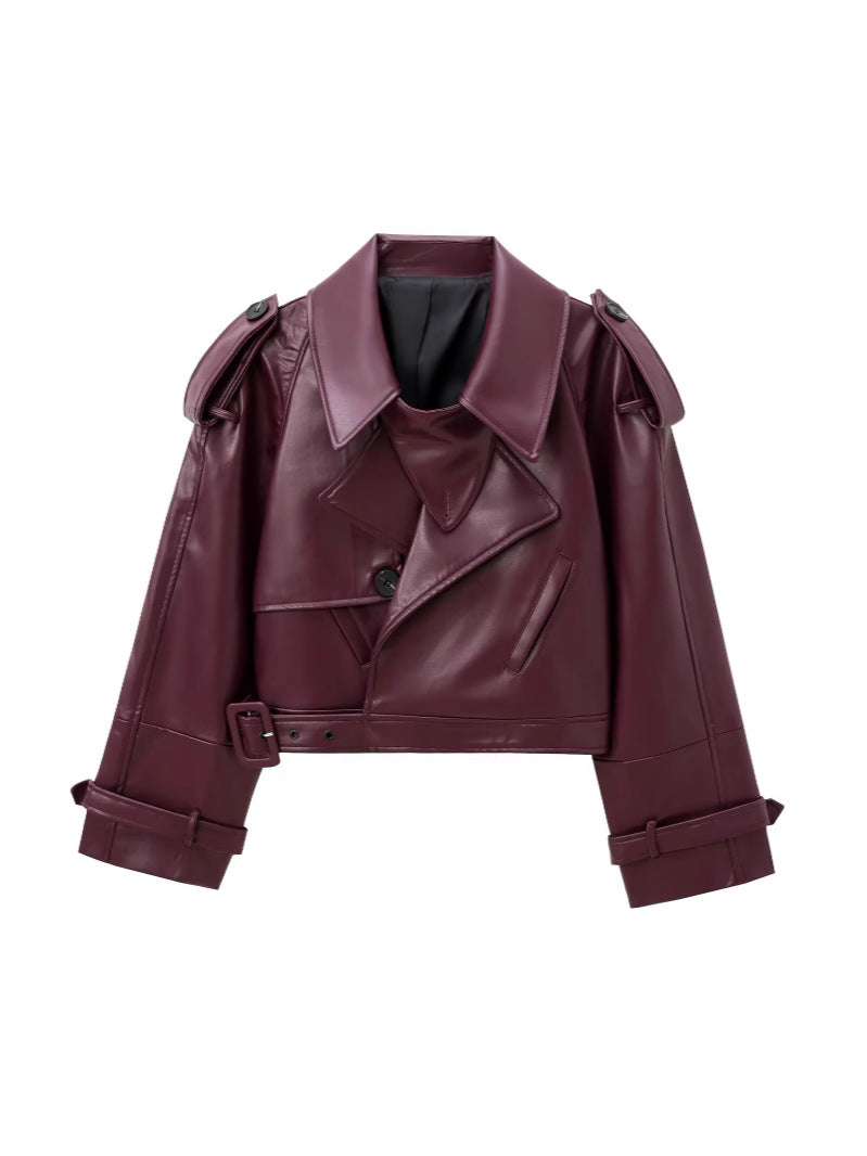 Women's Short Biker Jacket with 3D Texture Raglan Sleeve Lapel Coat