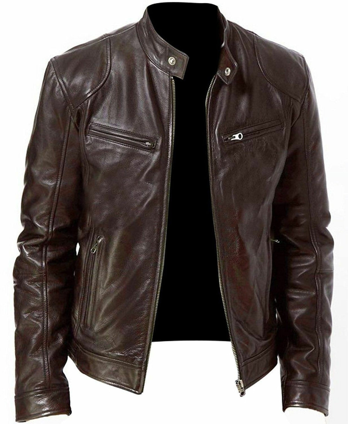 Mens Slim Fit PU Leather Biker Jacket with Zipper Pocket