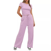 Solid Color Ruffled Top and High-Waisted Wide-Leg Pants Sportswear Set
