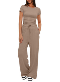 Solid Color Ruffled Top and High-Waisted Wide-Leg Pants Sportswear Set