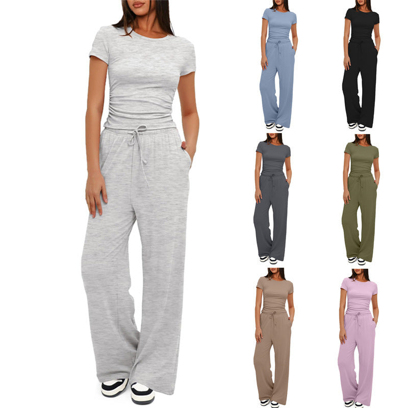 Solid Color Ruffled Top and High-Waisted Wide-Leg Pants Sportswear Set