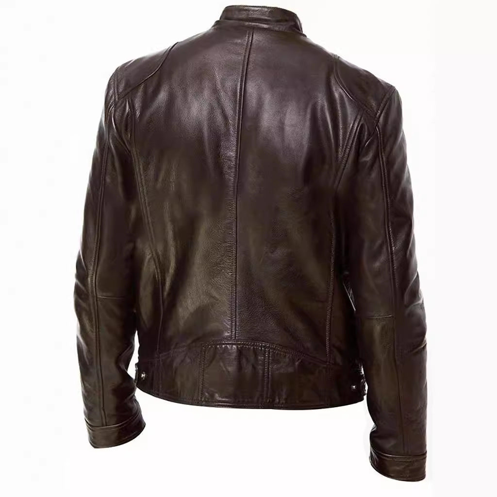 Mens Slim Fit PU Leather Biker Jacket with Zipper Pocket