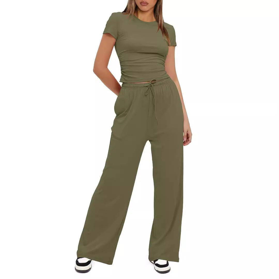 Solid Color Ruffled Top and High-Waisted Wide-Leg Pants Sportswear Set