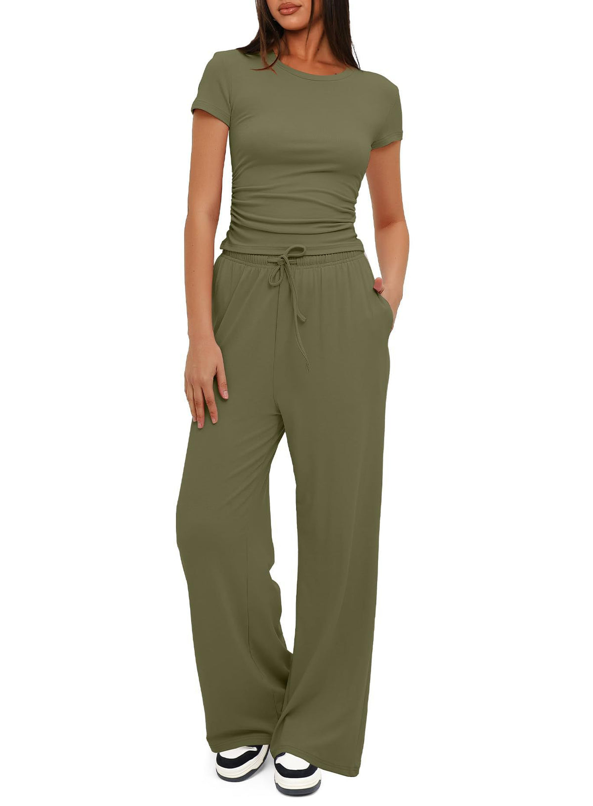 Solid Color Ruffled Top and High-Waisted Wide-Leg Pants Sportswear Set
