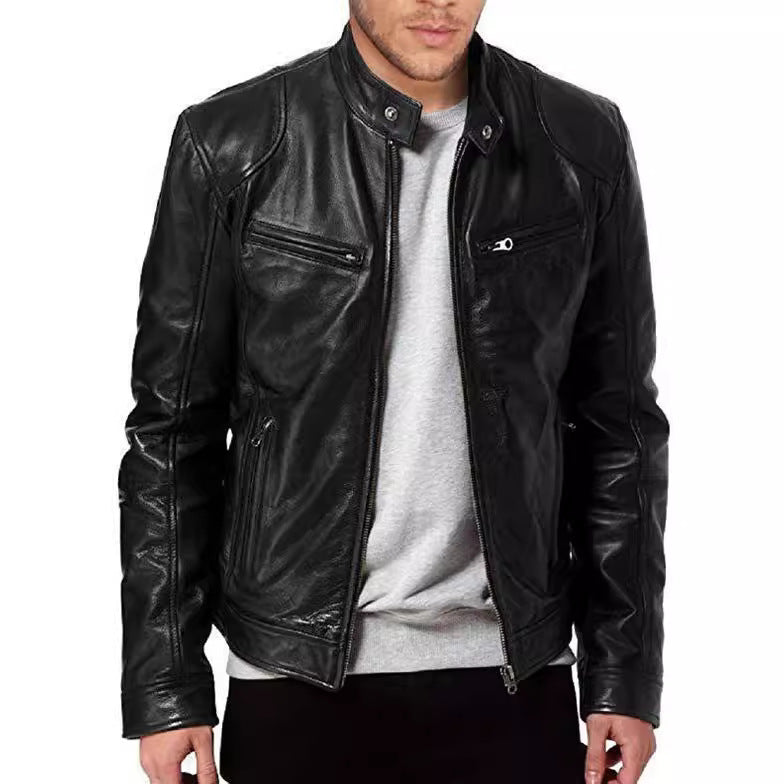 Mens Slim Fit PU Leather Biker Jacket with Zipper Pocket