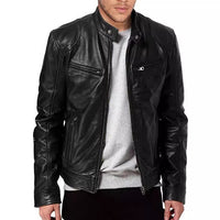 Mens Slim Fit PU Leather Biker Jacket with Zipper Pocket