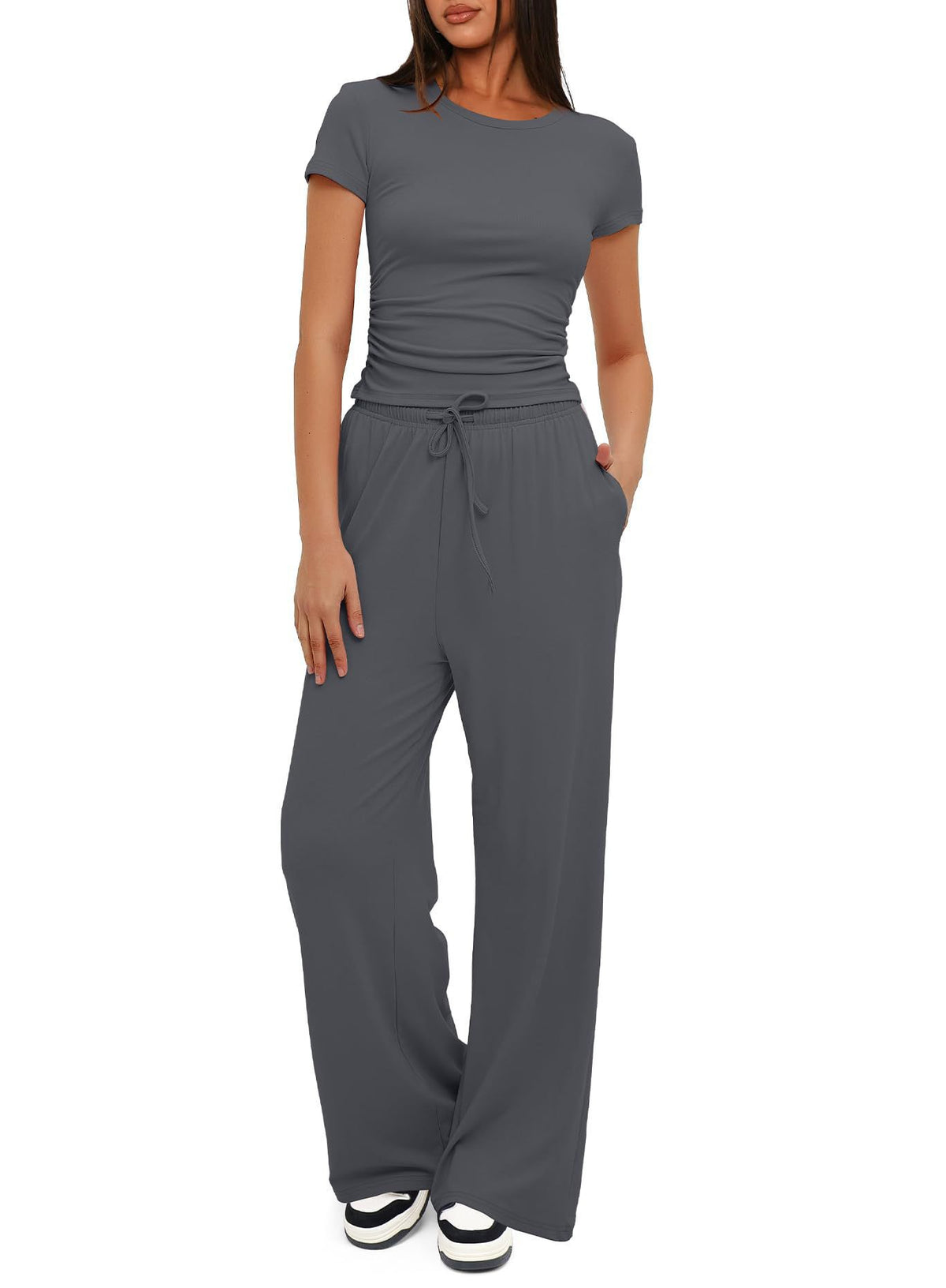 Solid Color Ruffled Top and High-Waisted Wide-Leg Pants Sportswear Set