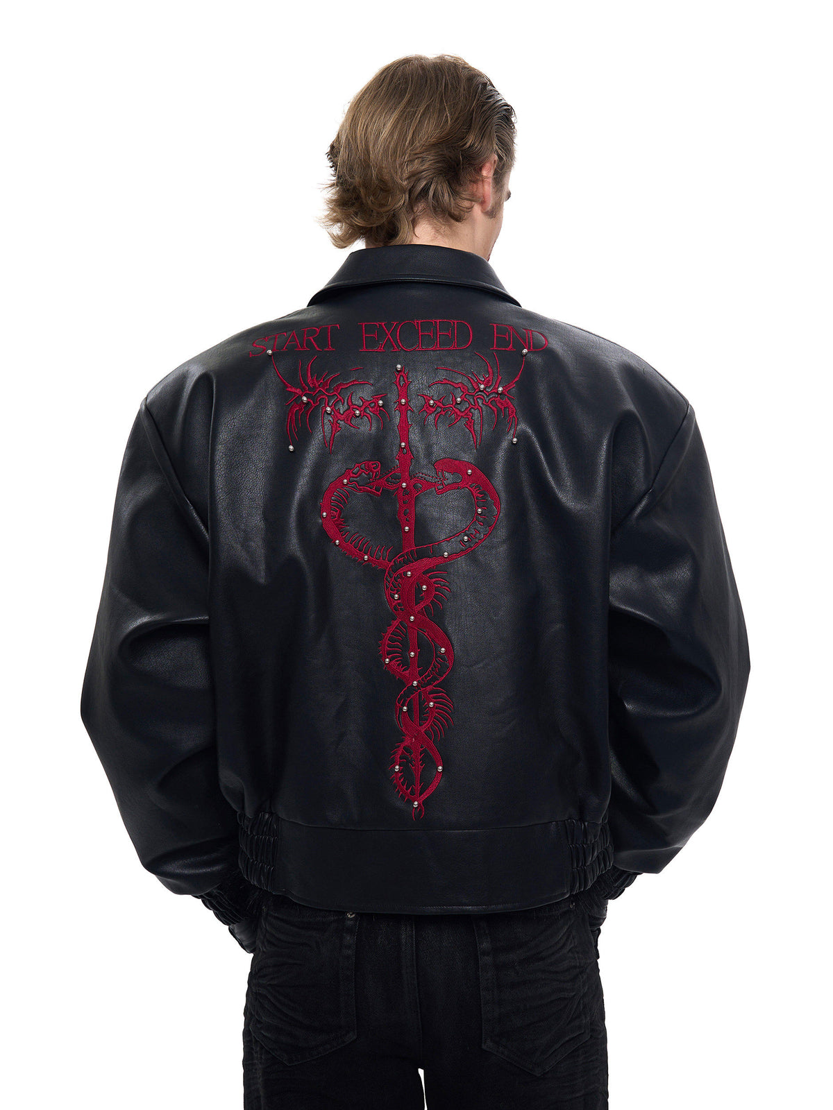 Men's Embroidered Leather Biker Jacket