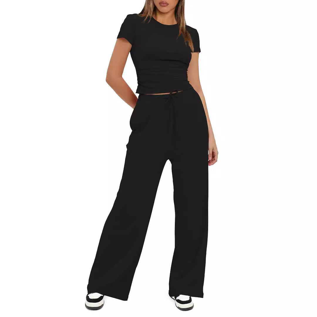 Solid Color Ruffled Top and High-Waisted Wide-Leg Pants Sportswear Set