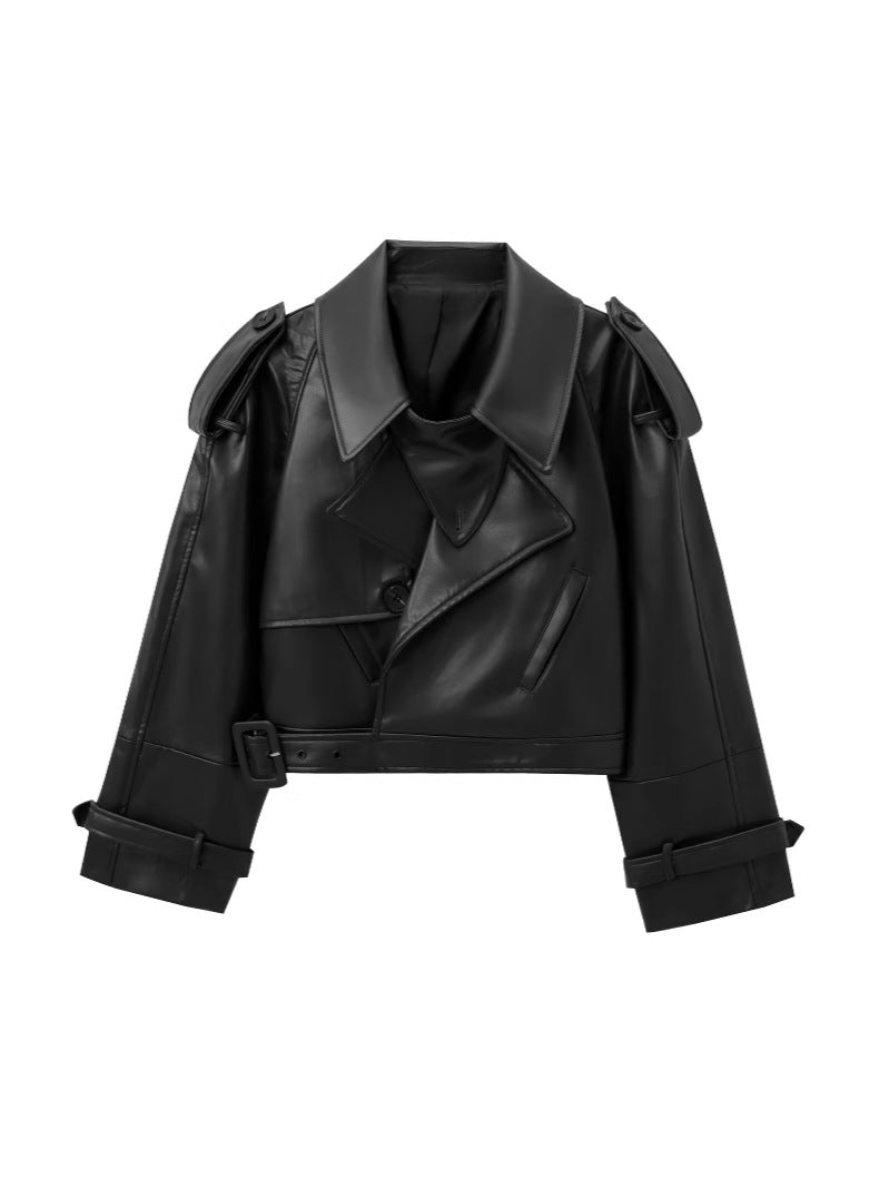 Women's Short Biker Jacket with 3D Texture Raglan Sleeve Lapel Coat