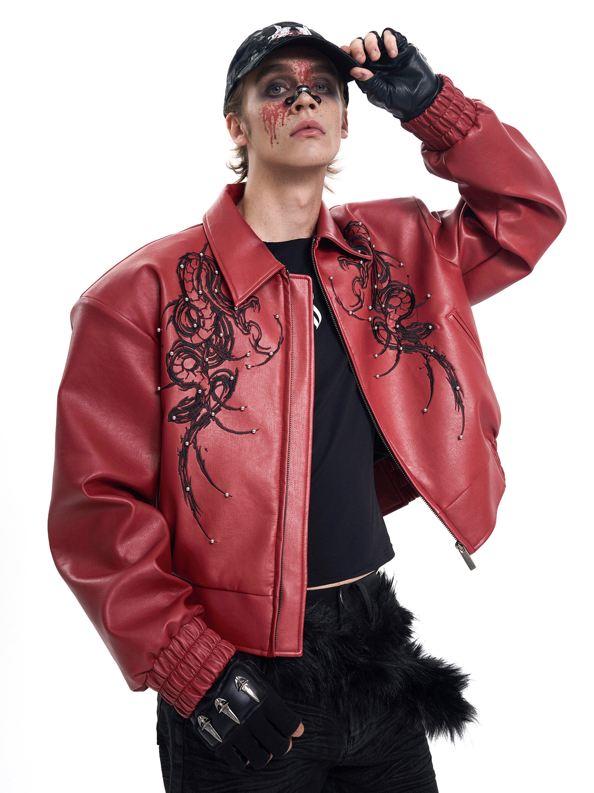 Men's Embroidered Leather Biker Jacket